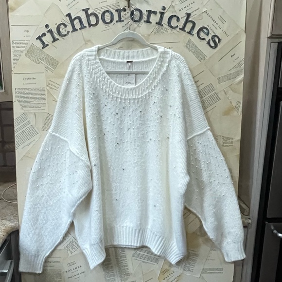 Free People Chart The Stars Sweater Fuzzy Knit Embellished Jeweled Details Ivory - Picture 5 of 6